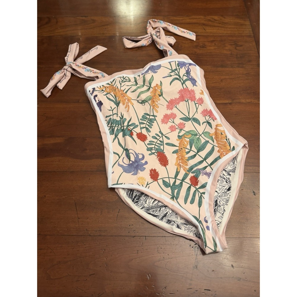 Visual Mood Joanna Reversible One Piece Swimsuit Tie Shoulder Botanical Pink L